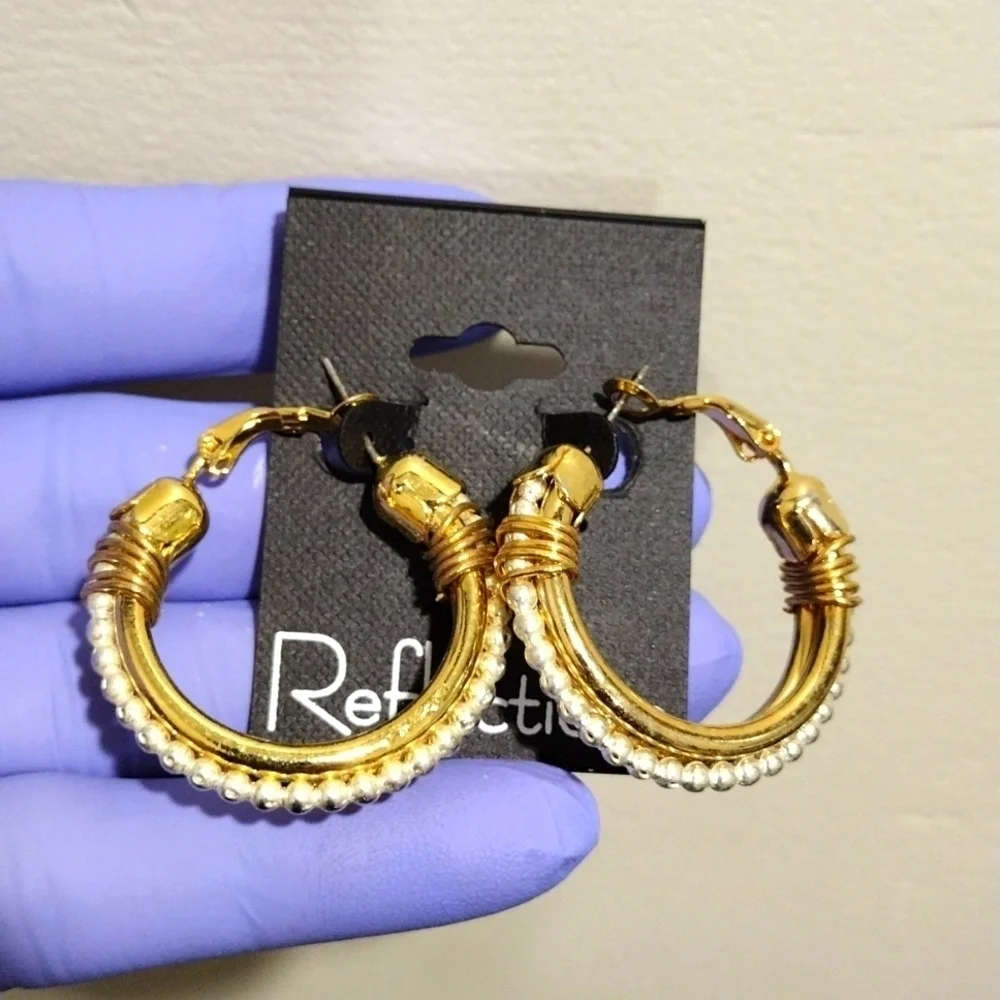 Women's Polished Two tones, Gold & Silver Interconnected Beaded Hoop Earrings